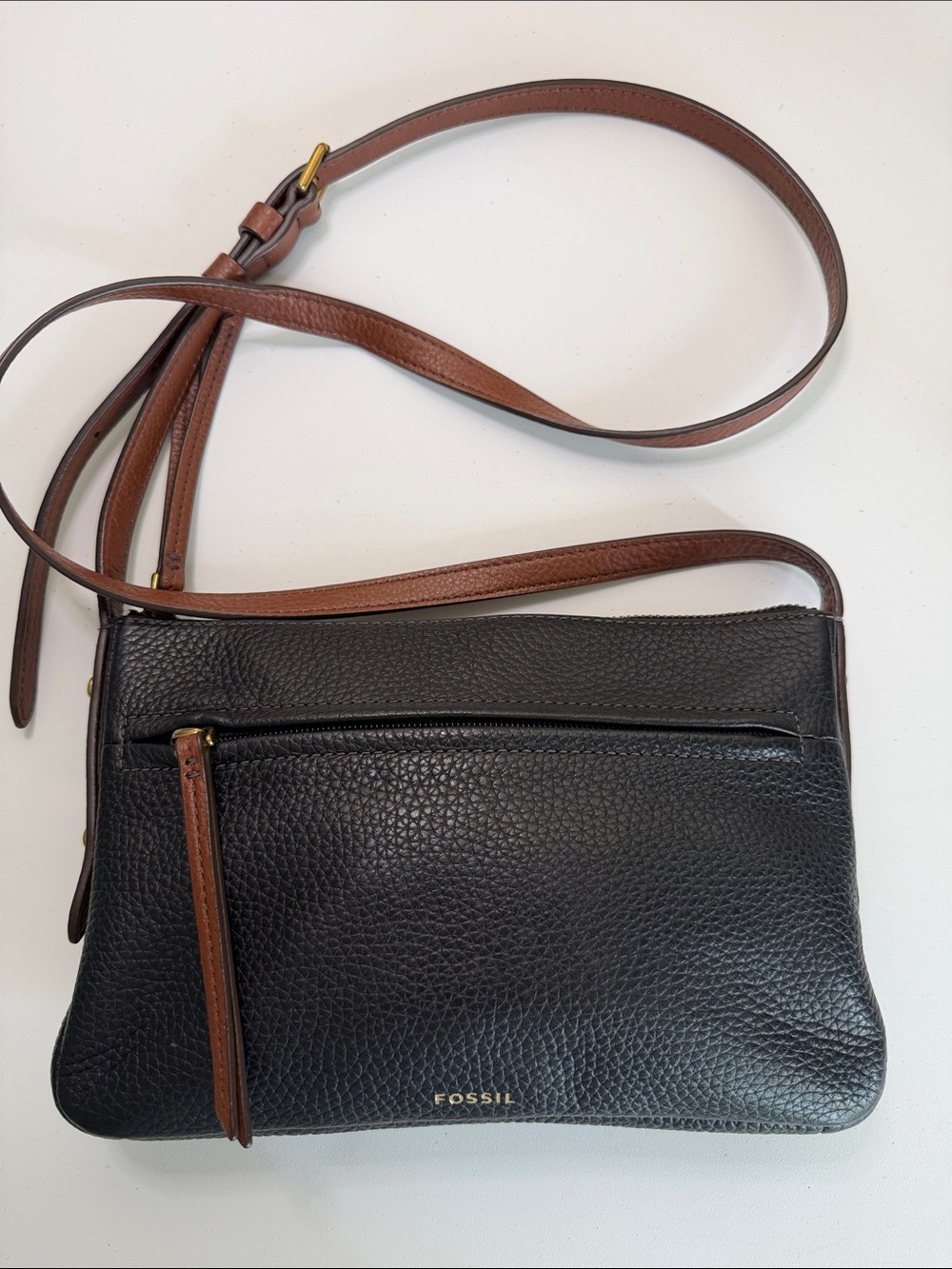 Fossil Black Pebbled Leather Crossbody with Brown Strap